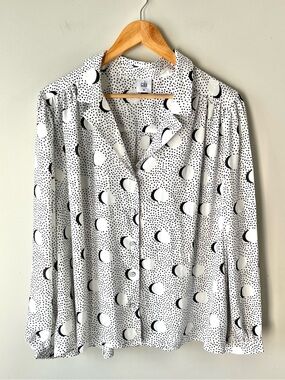 Cabi White & Black Moon-Print Button-Front Blouse Size XL -Office Business Chic